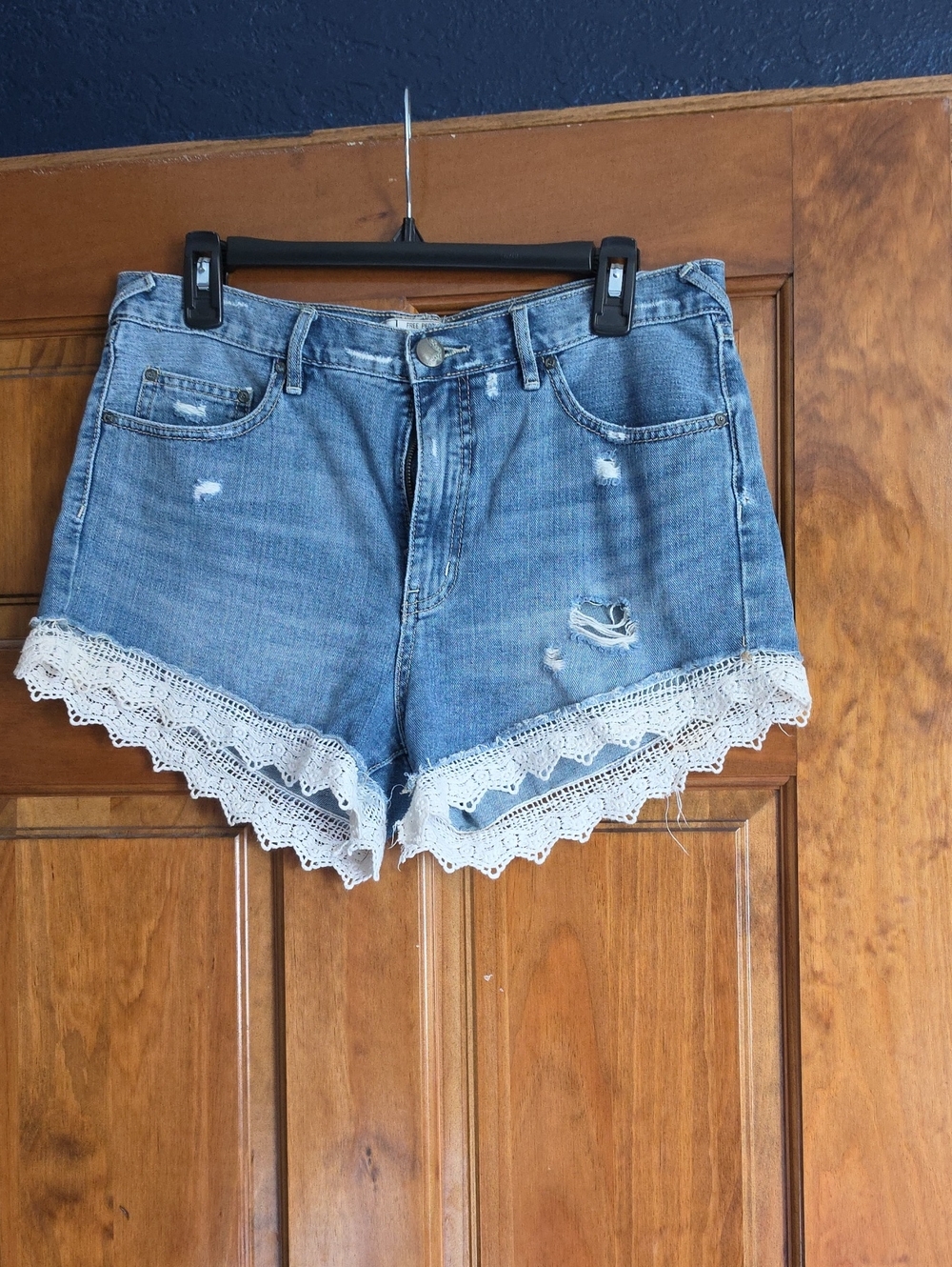 Free People Light Blue Denim Shorts with White Lace Trim